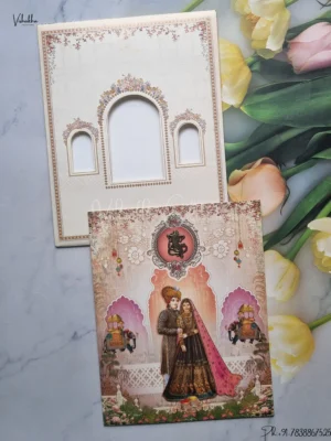 Hathi Ganesh Ji Dulah Dulhan Hindu Light Brown And Multicolor Colored wedding invitation Cards GS-5031