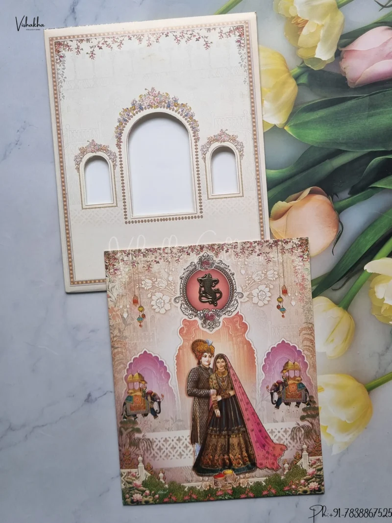 Hathi Ganesh Ji Dulah Dulhan Hindu Light Brown And Multicolor Colored wedding invitation Cards GS-5031