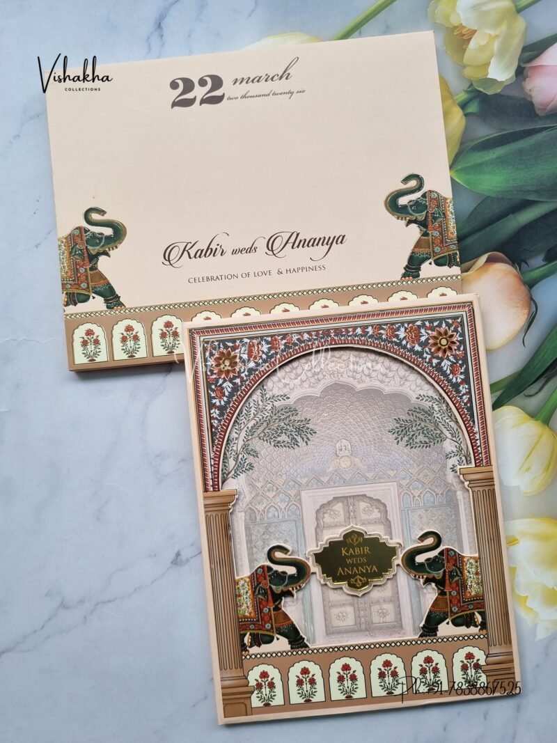 Hathi Hindu Muslim Christian Sikh Padded MDF Board Laser Cut light brown Colored invitation Cards SK-3388