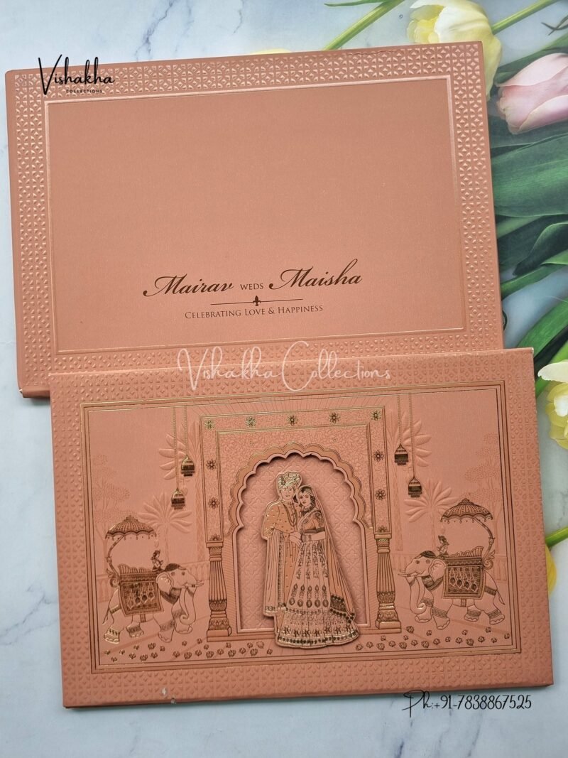 Hathi Hindu Muslim Christian Sikh Padded MDF Board Laser Cut muddy pink Colored invitation Cards SK-3539