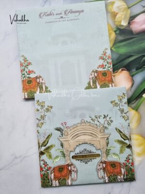 Hathi Hindu Muslim Christian Sikh Padded MDF Board Laser Cut pista green Colored invitation Cards SK-3400