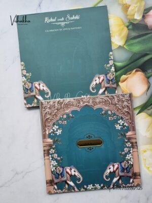 Hathi Hindu Muslim Christian Sikh Padded aqua green Colored invitation Cards SK-3522