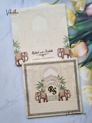 Hathi Hindu Muslim Christian Sikh Padded beige Colored invitation Cards SK-3395