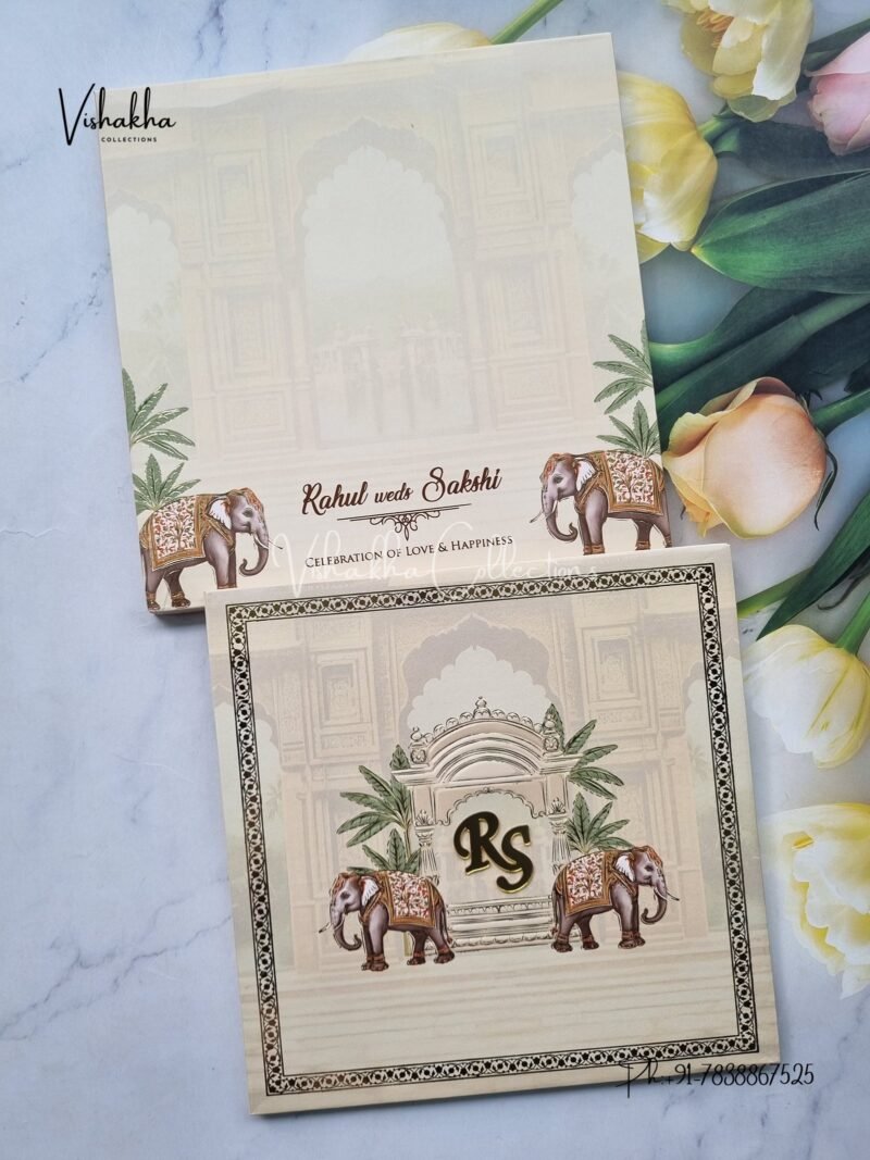 Hathi Hindu Muslim Christian Sikh Padded beige Colored invitation Cards SK-3395