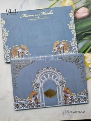 Hathi Hindu Muslim Christian Sikh Padded greyish green Colored invitation Cards SK-3458