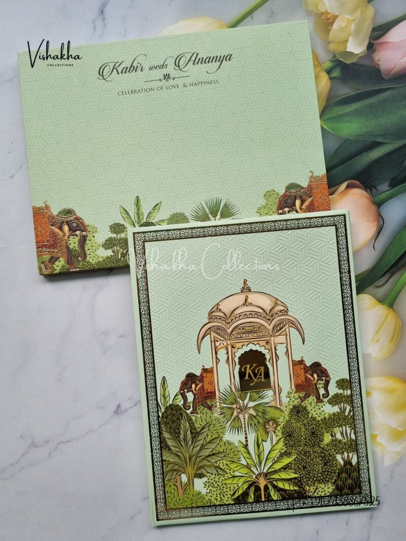 Hathi Hindu Muslim Christian Sikh Padded light green Colored invitation Cards SK-3277