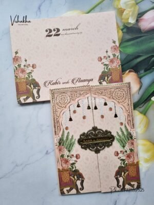 Hathi Hindu Muslim Christian Sikh Padded light peach Colored invitation Cards SK-3387