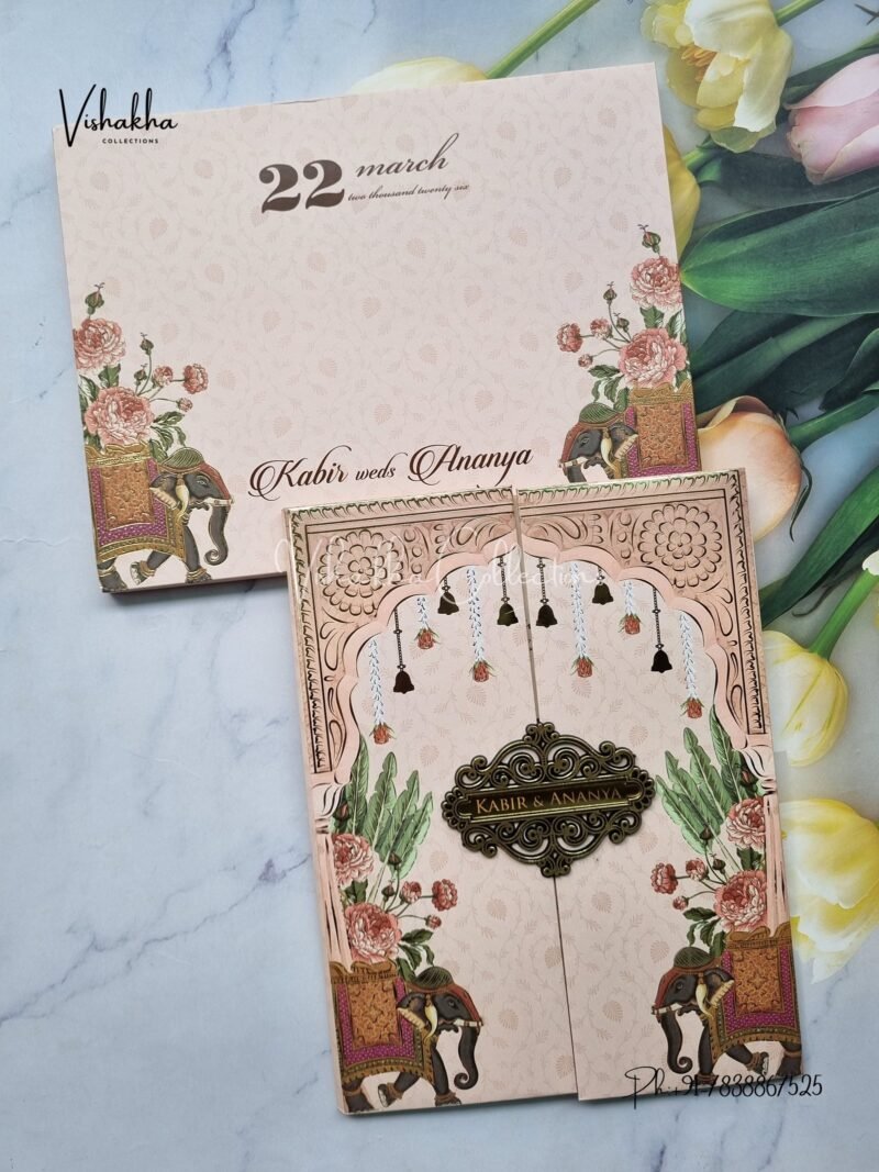 Hathi Hindu Muslim Christian Sikh Padded light peach Colored invitation Cards SK-3387