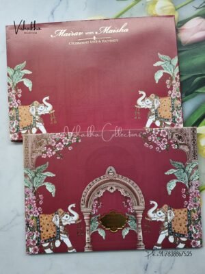 Hathi Hindu Muslim Christian Sikh Padded mehroon Colored invitation Cards SK-3461
