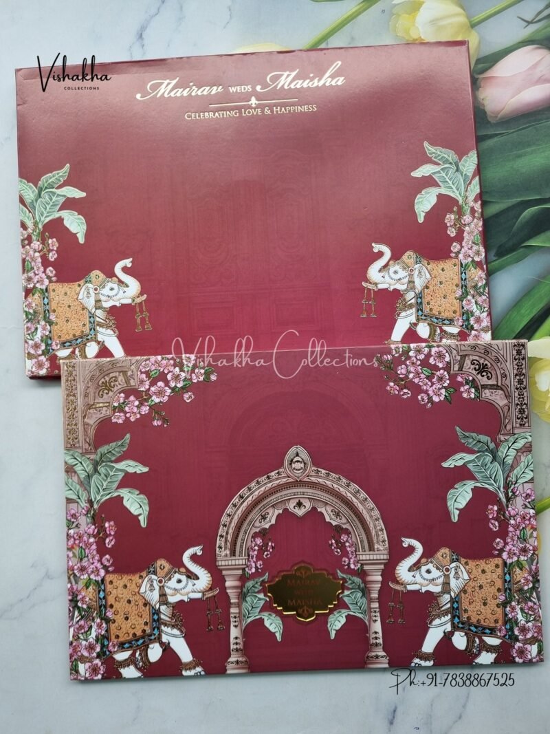 Hathi Hindu Muslim Christian Sikh Padded mehroon Colored invitation Cards SK-3461