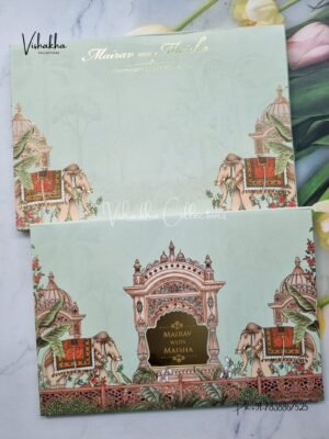Hathi Hindu Muslim Christian Sikh Padded pista green Colored invitation Cards SK-3455