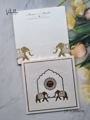 Hathi Hindu Muslim Christian Sikh Padded white Colored invitation Cards SK-3530