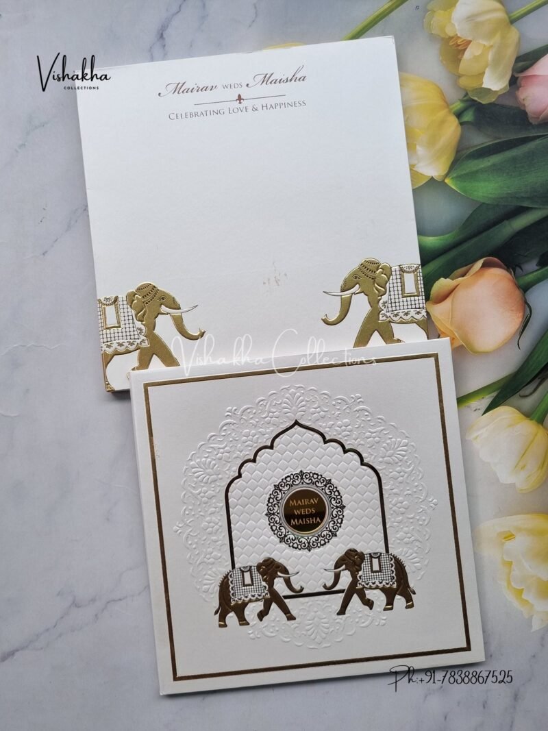 Hathi Hindu Muslim Christian Sikh Padded white Colored invitation Cards SK-3530