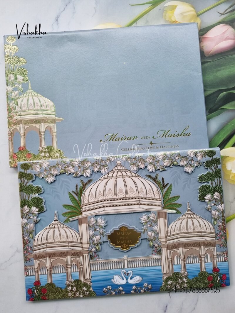 Hindu Muslim Christian Sikh Padded MDF Board Laser Cut greyish blue Colored invitation Cards SK-3463