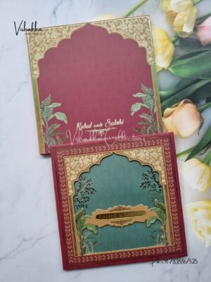 Hindu Muslim Christian Sikh Padded MDF Board Laser Cut mehroon and green Colored invitation Cards SK-3391