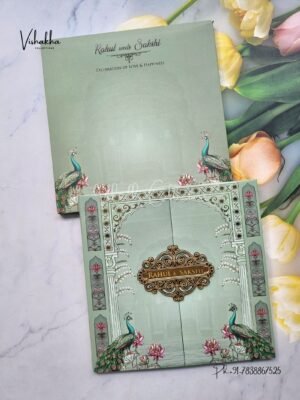 Hindu Muslim Christian Sikh Padded MDF Board Laser Cut pastel green Colored invitation Cards SK-3527