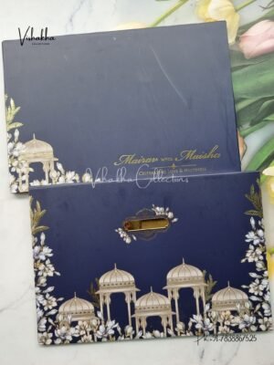 Hindu Muslim Christian Sikh Padded dark blue Colored invitation Cards SK-3457