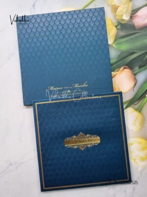 Hindu Muslim Christian Sikh Padded dark blue Colored invitation Cards SK-3543