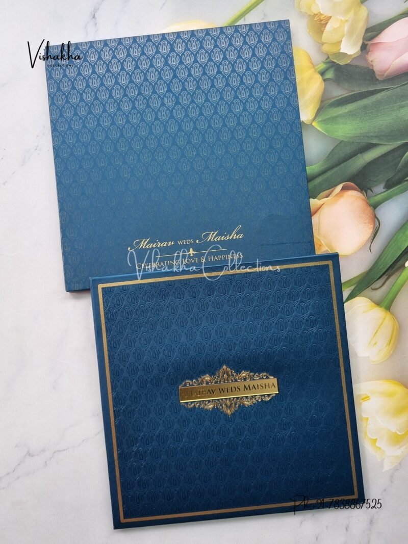 Hindu Muslim Christian Sikh Padded dark blue Colored invitation Cards SK-3543