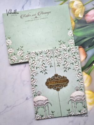 Hindu Muslim Christian Sikh Padded pista green Colored invitation Cards SK-3493