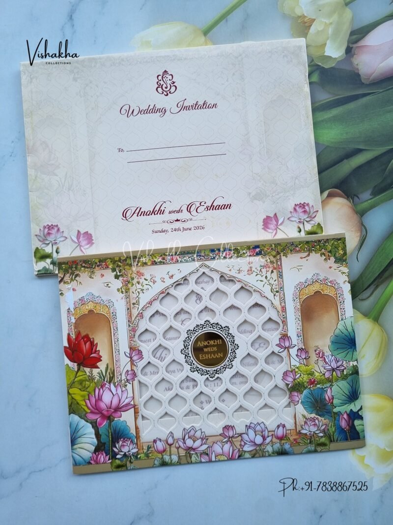 Lotus Flower Hindu Muslim Christian Sikh Colored invitation Cards CC-3681
