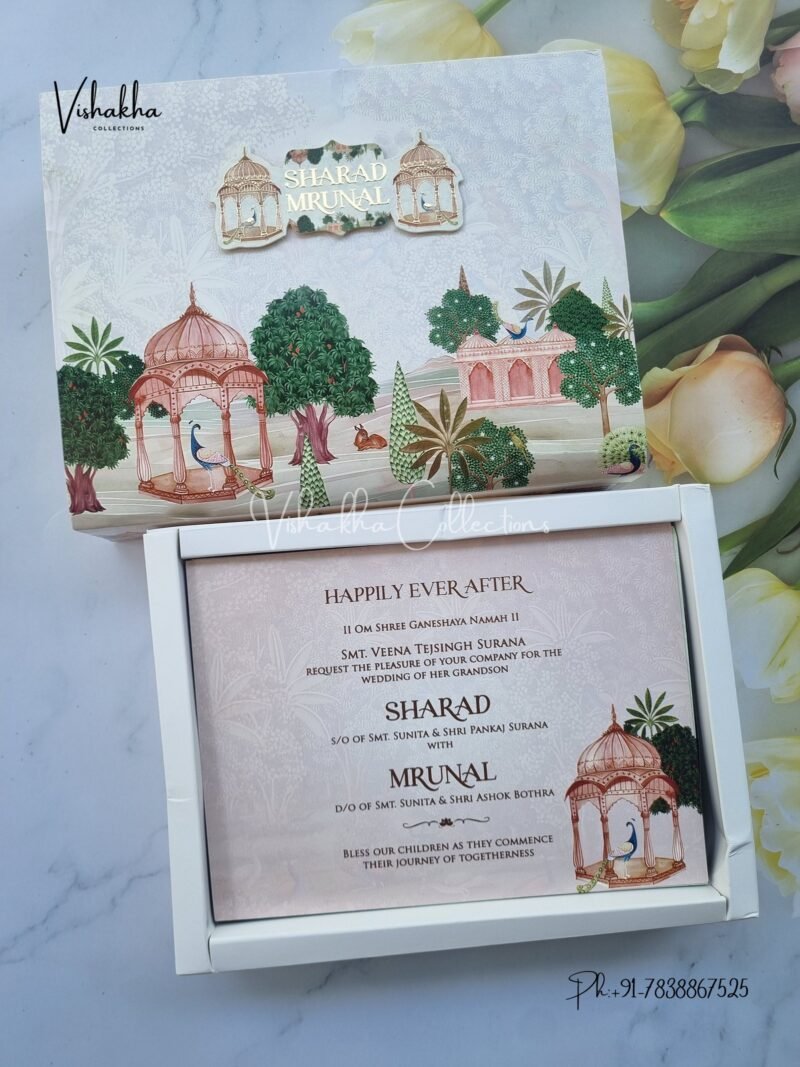 Peacock Flower Hindu Muslim Christian Sikh Exclusive Wedding Boxes Carry Bag invitation Cards JM-N2494