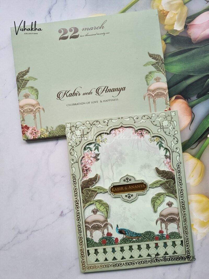 Peacock Hindu Muslim Christian Sikh Padded MDF Board Laser Cut pista green Colored invitation Cards SK-3381