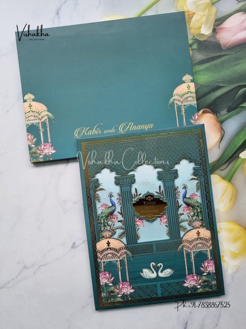 Peacock Hindu Muslim Christian Sikh Padded aqua green Colored invitation Cards SK-3491