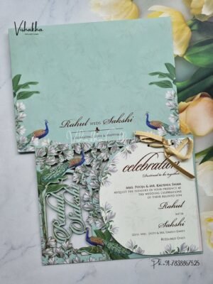 Peacock Semi Box Flower Hindu Muslim Christian Sikh Named MDF Laser Cut pista green Colored invitation Cards SK-3473