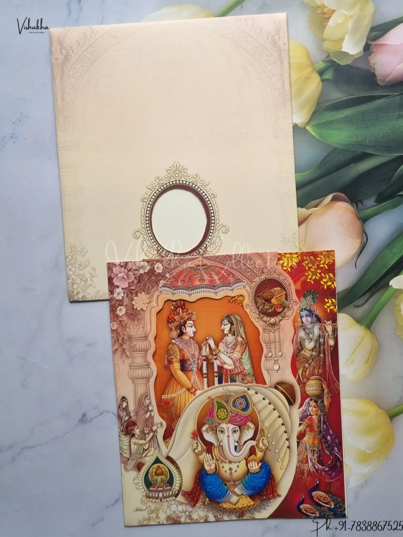 Radha Krishna Ganesh Ji Dulah Dulhan Hindu Light Brown And Multicolor Colored wedding invitation Cards GS-5034