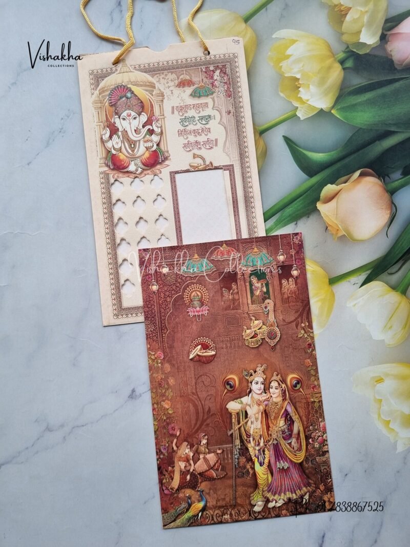 Radha Krishna Ganesh Ji Hindu Carry Bag Light Brown Colored wedding invitation Cards NA-1125-160