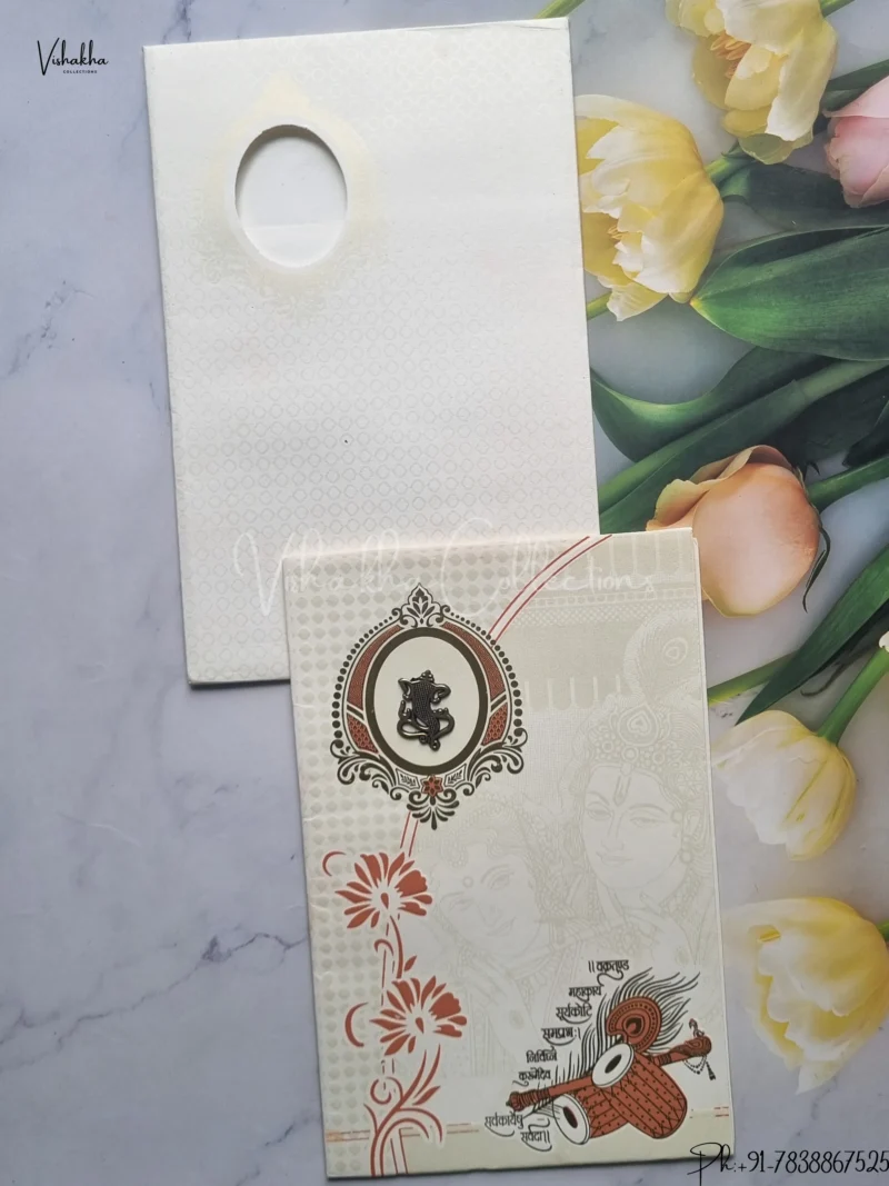 Radha Krishna Ganesh Ji Hindu Cream Colored wedding invitation Cards GS-122