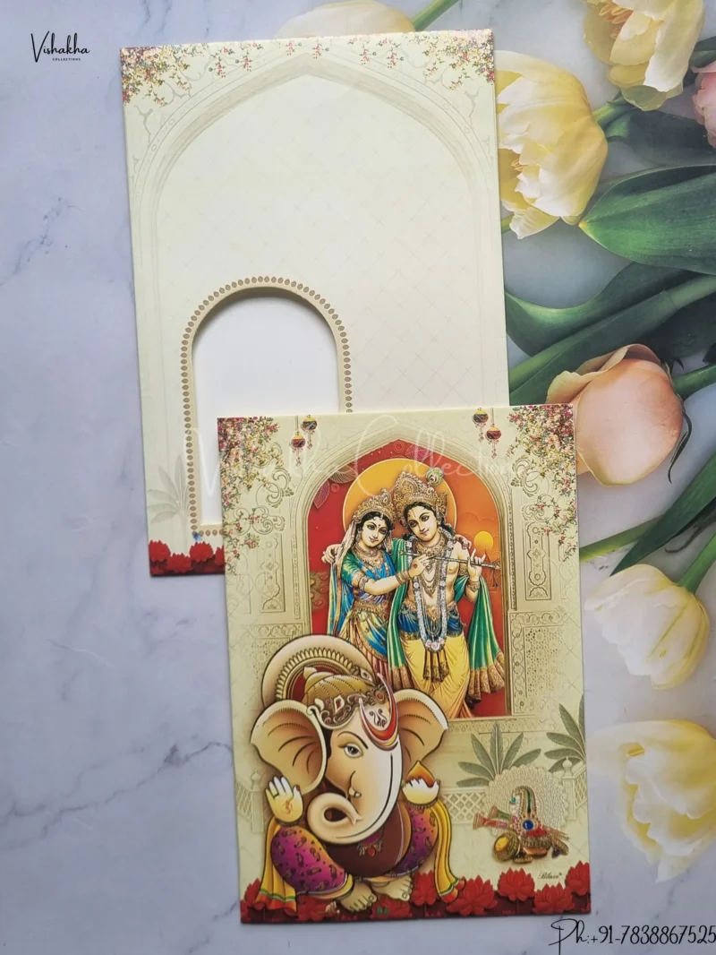 Radha Krishna Ganesh Ji Hindu Light Yellow And Multicolor Colored wedding invitation Cards GS-5012