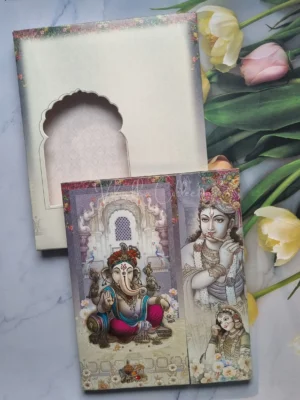 Radha Krishna Semi Box Ganesh Ji Dulah Dulhan Hindu Grey Colored wedding invitation Cards GS-4829