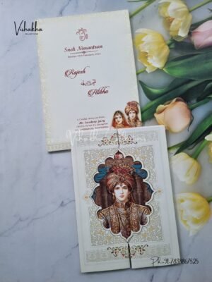 Semi Box Dulah Dulhan Double Door Hindu Cream And Multicolor Colored wedding invitation Cards NA-1125-64