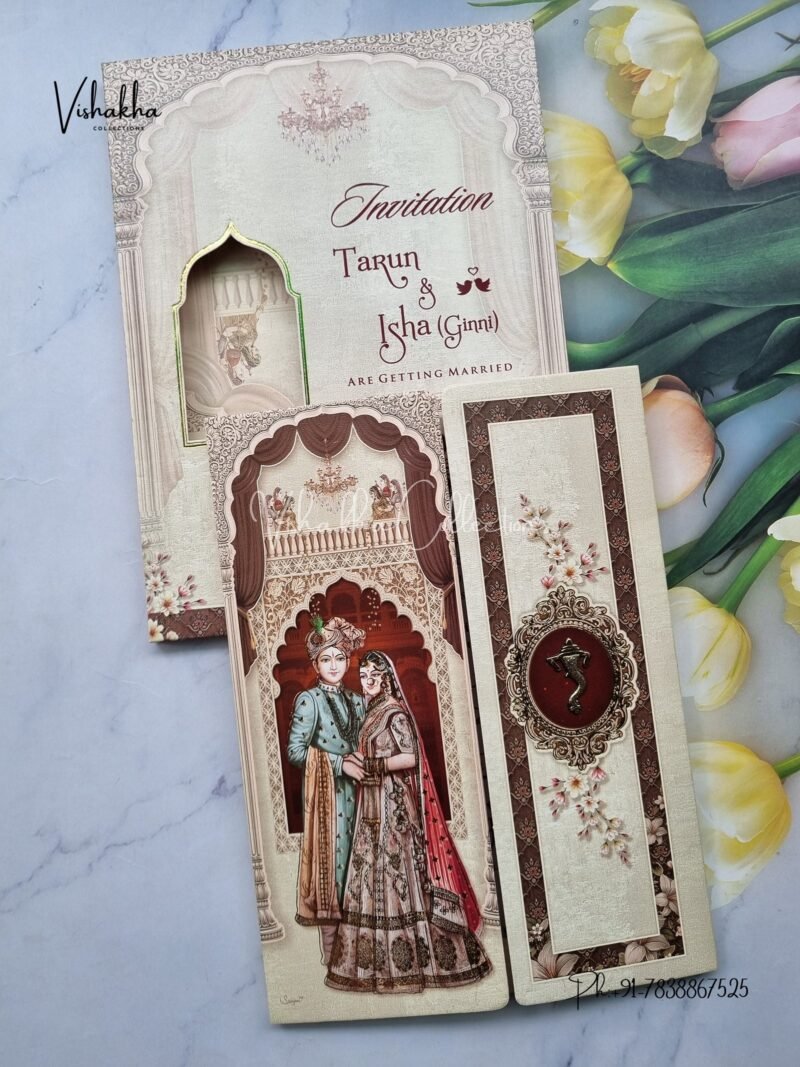 Semi Box Dulah Dulhan Double Door Hindu Light Brown Colored wedding invitation Cards NA-1125-75