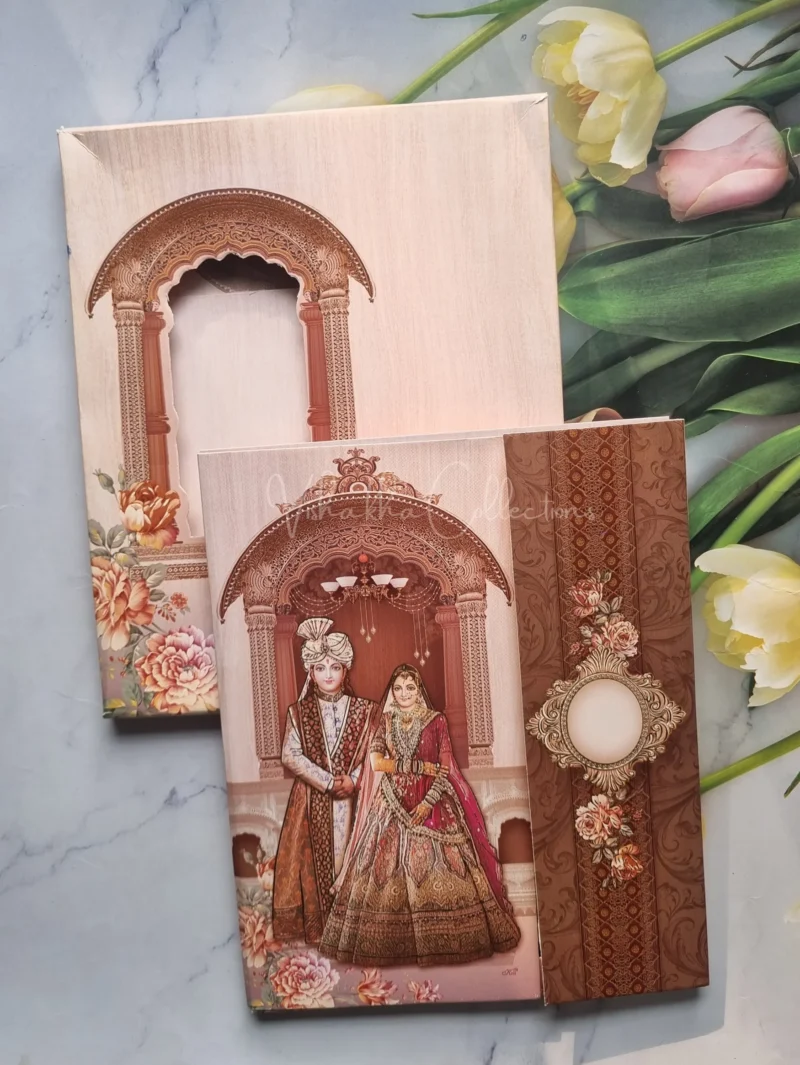 Semi Box Dulah Dulhan Flower Double Door Hindu Brown Colored wedding invitation Cards GS-4828