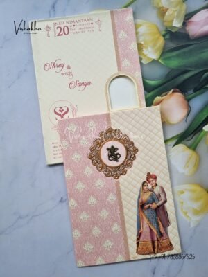 Semi Box Dulah Dulhan Flower Hindu Cream And Pink Colored wedding invitation Cards NA-1125-92