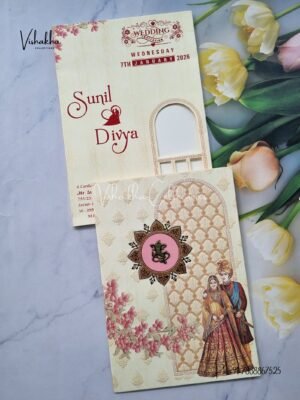Semi Box Dulah Dulhan Flower Hindu Light Yellow Colored wedding invitation Cards NA-1125-94