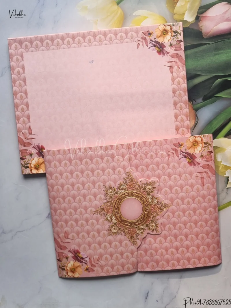 Semi Box Flower Double Door Hindu Muslim Christian Jain Sikh Pink Colored wedding invitation Cards GS-4840