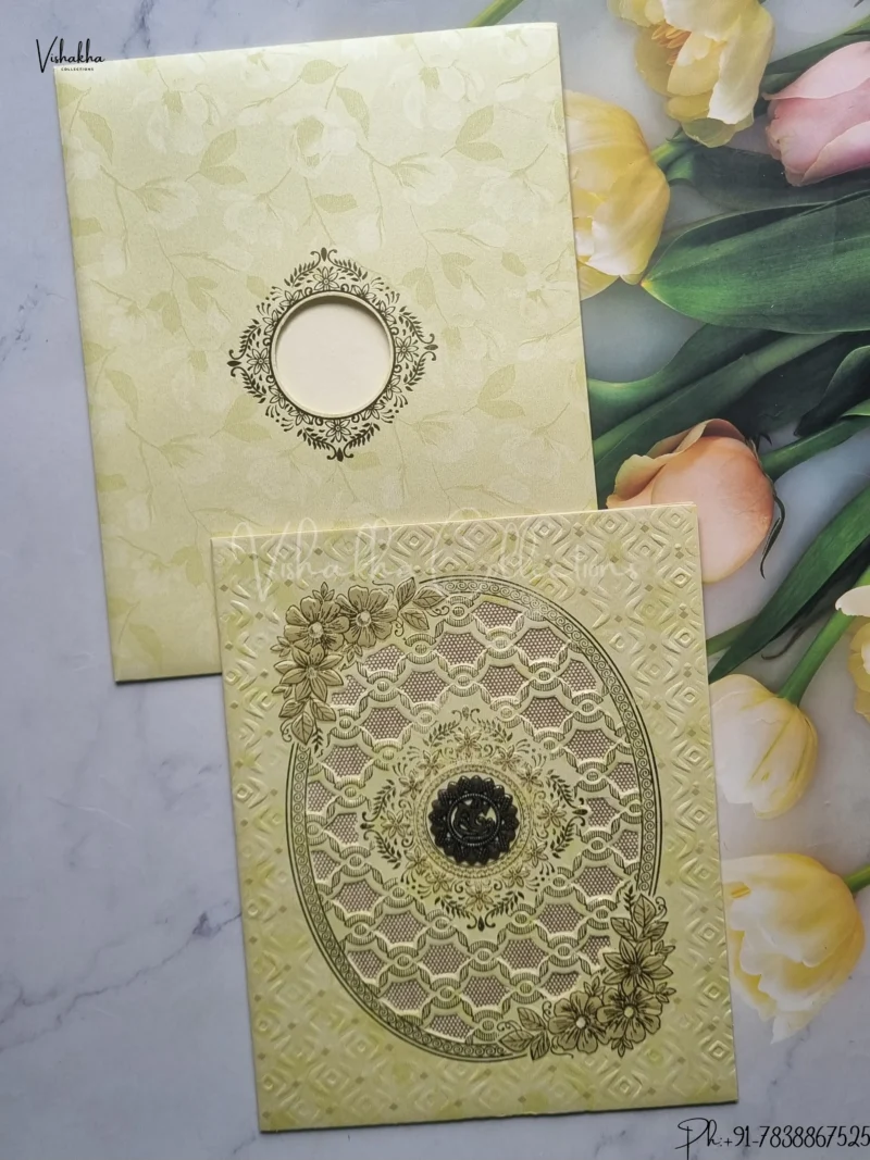 Semi Box Flower Hindu Muslim Christian Jain Sikh Beige Colored wedding invitation Cards GS-135
