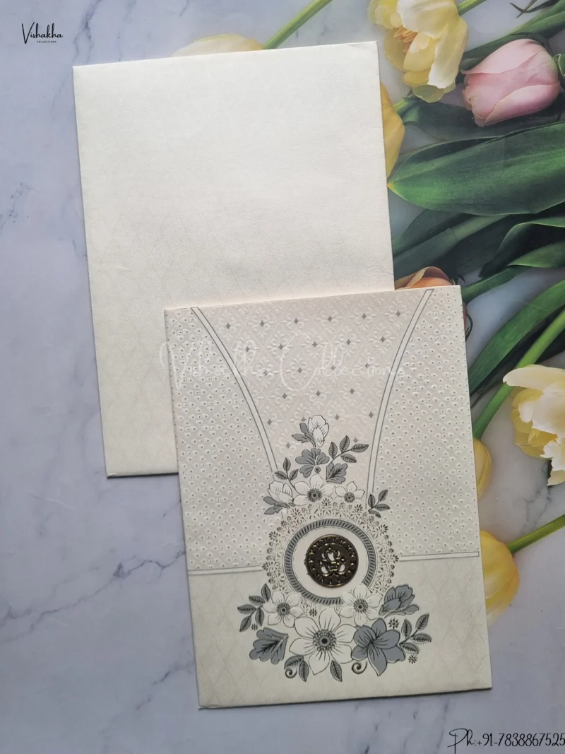 Semi Box Flower Hindu Muslim Christian Jain Sikh Cream And Grey Colored wedding invitation Cards GS-119