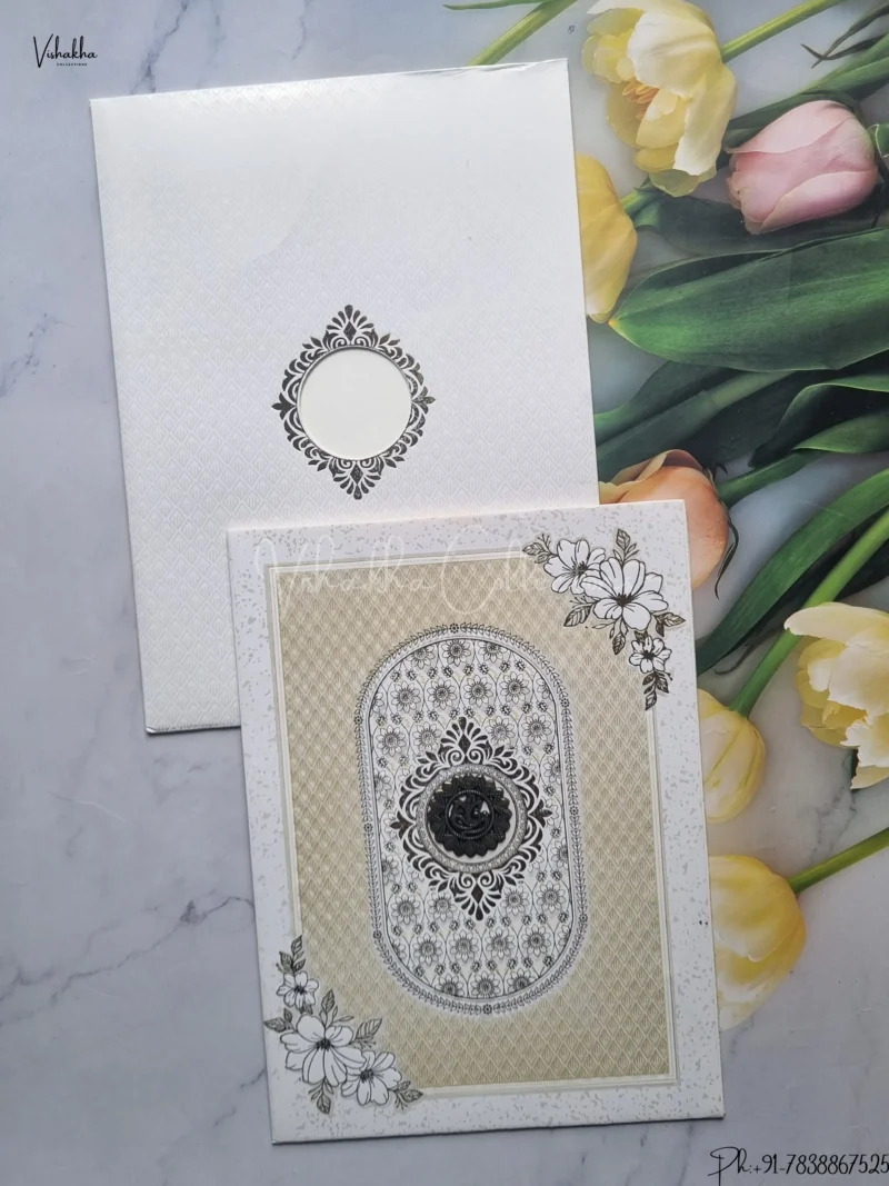 Semi Box Flower Hindu Muslim Christian Jain Sikh Cream And White Colored wedding invitation Cards GS-115