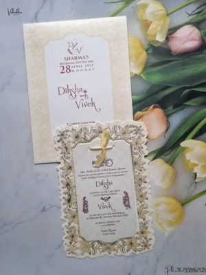 Semi Box Flower Hindu Muslim Christian Jain Sikh Cream Colored wedding invitation Cards GS-222-1