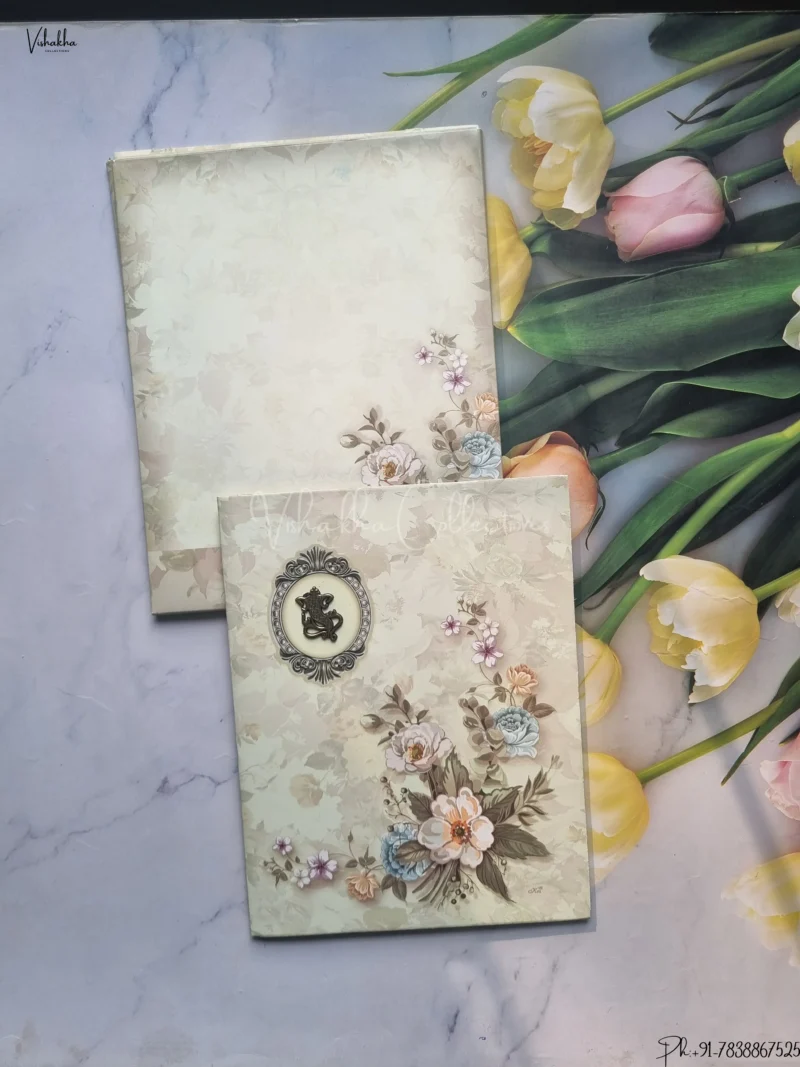 Semi Box Flower Hindu Muslim Christian Jain Sikh Pastel Green Colored wedding invitation Cards GS-889