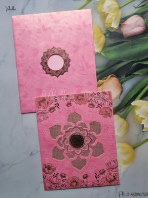 Semi Box Flower Hindu Muslim Christian Jain Sikh Pink Colored wedding invitation Cards GS-136