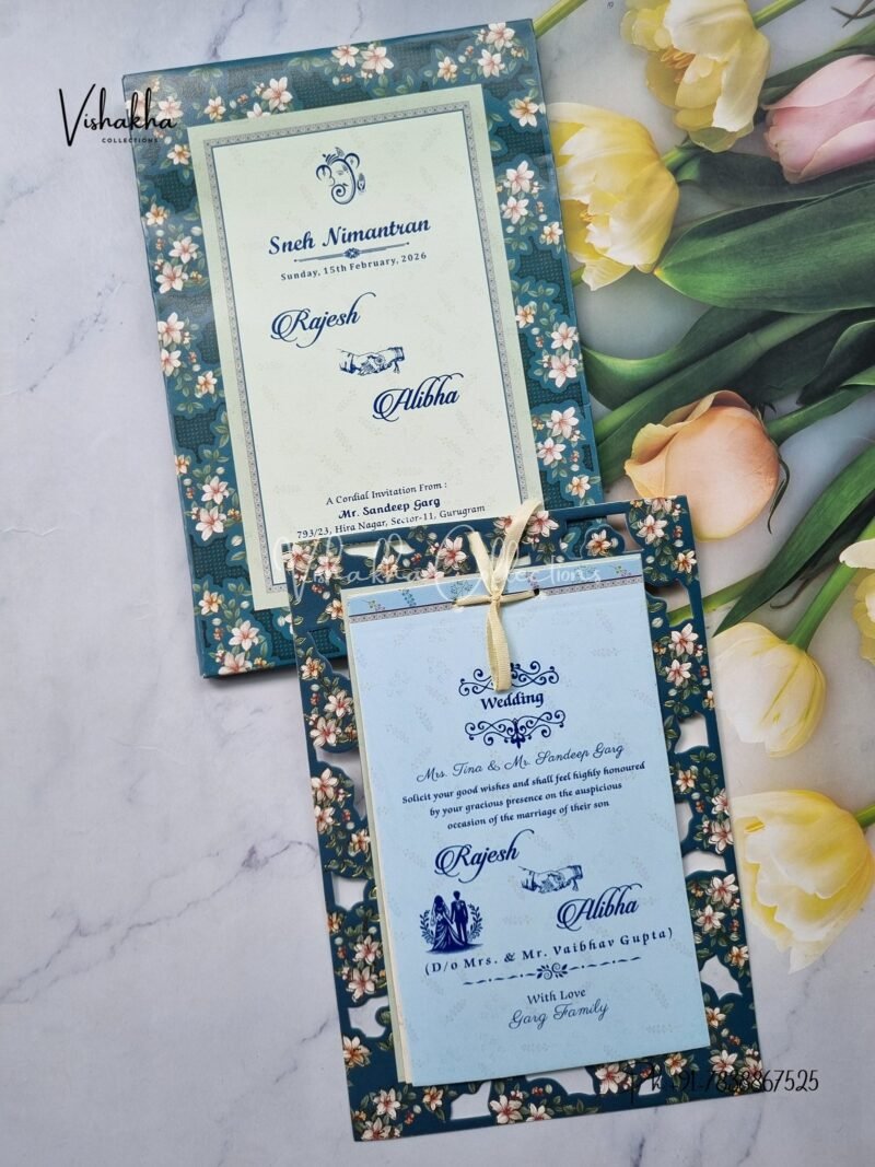 Semi Box Flower Hindu Muslim Christian Jain Sikh Aqua Blue Colored wedding invitation Cards NA-1125-54