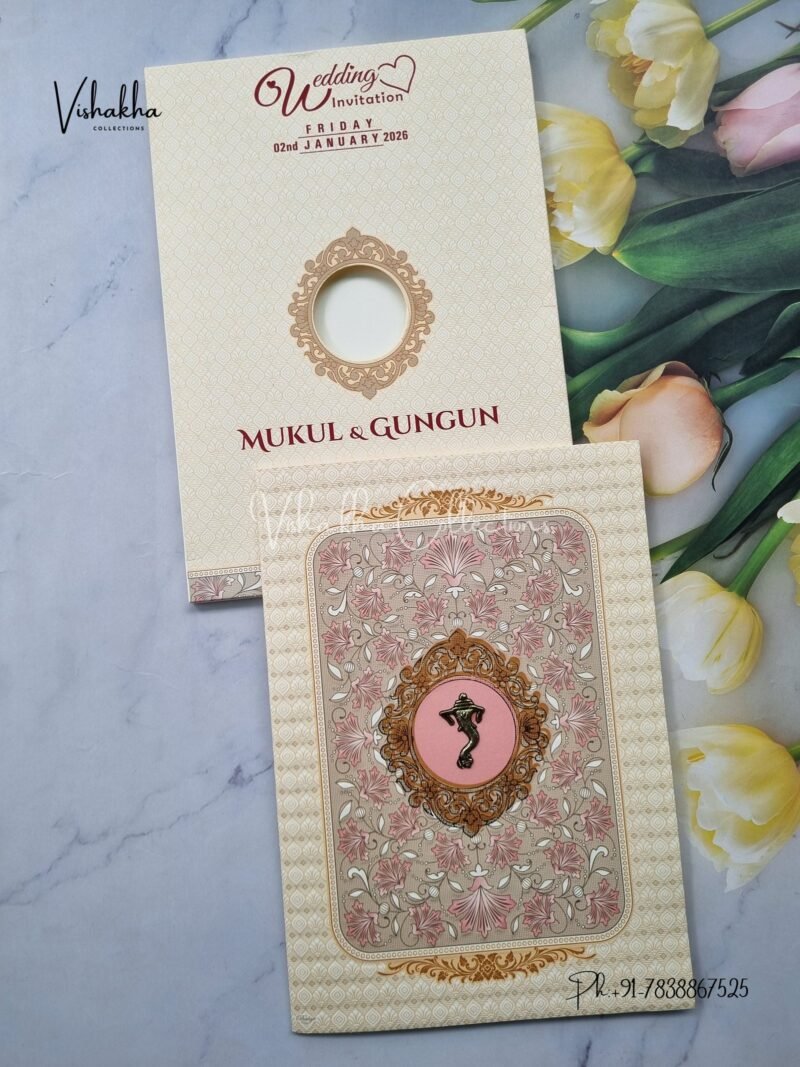 Semi Box Flower Hindu Muslim Christian Jain Sikh Cream And Pink Colored wedding invitation Cards NA-1125-91