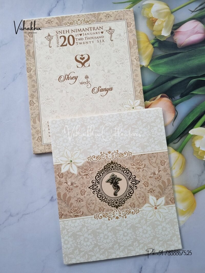 Semi Box Flower Hindu Muslim Christian Jain Sikh Cream Colored wedding invitation Cards NA-1125-149