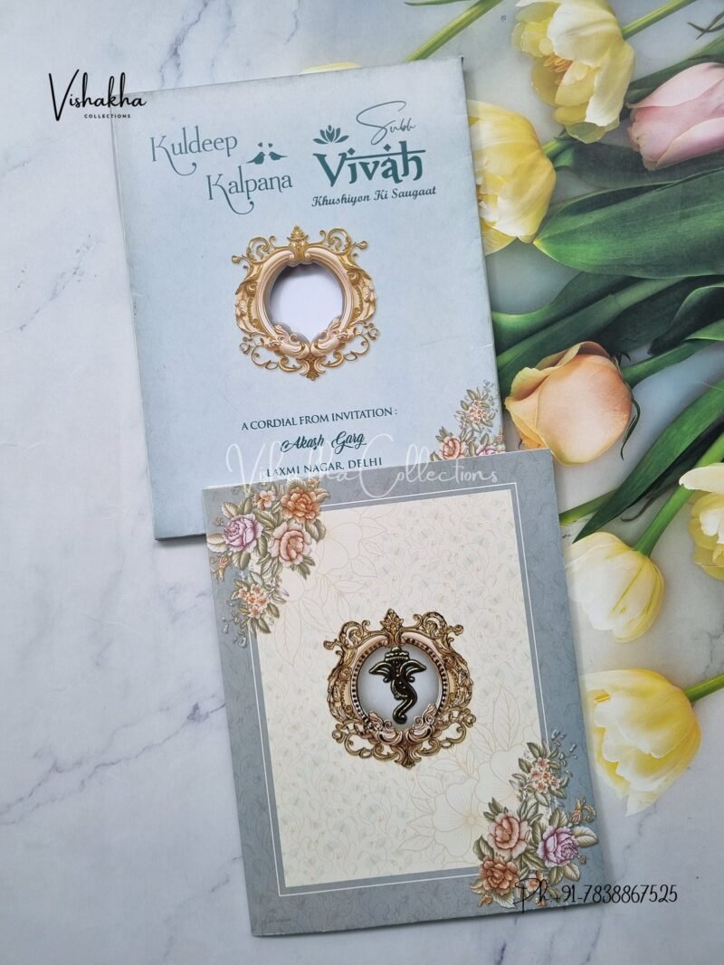 Semi Box Flower Hindu Muslim Christian Jain Sikh Greyish Blue Colored wedding invitation Cards NA-1125-134